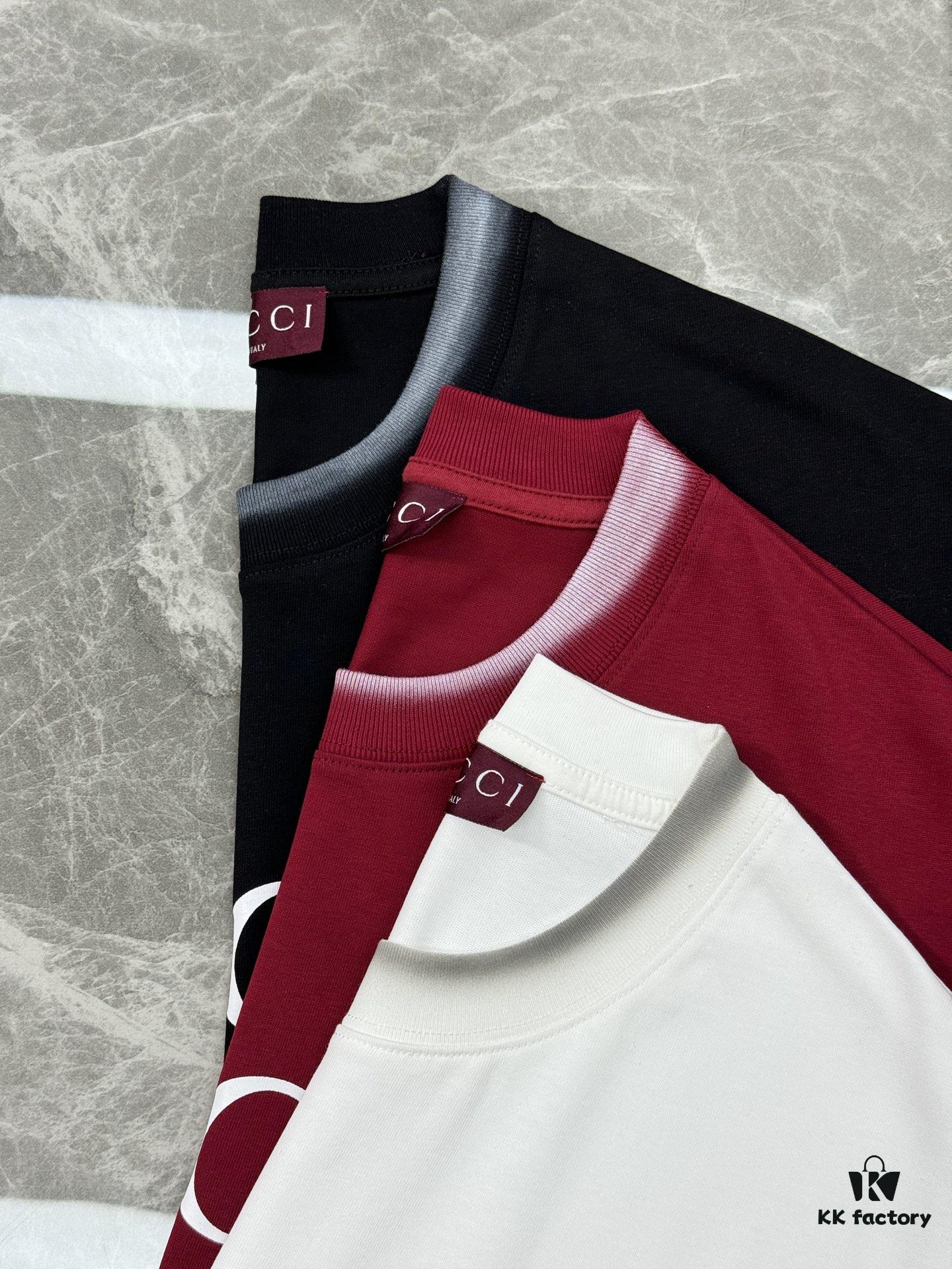 GUCC Vintage 25S New Short Sleeve T-Shirt Unisex – Classic Logo Print Design with Collar Spray Paint Style, 260g Pure Cotton Fabric, Soft and Comfortable, Premium Look