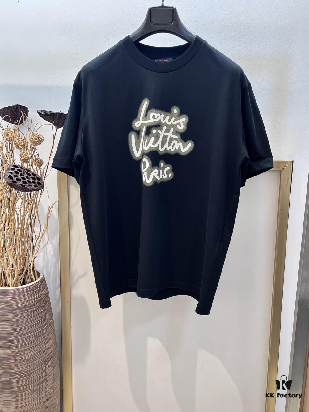 Unisex Black/White T-Shirt by Louis, Crafted from Soft Cotton Knit with Neon-Effected Handwritten Louis Vuitton Paris Logo, Classic Straight Fit Short-Sleeve Cotton Tee
