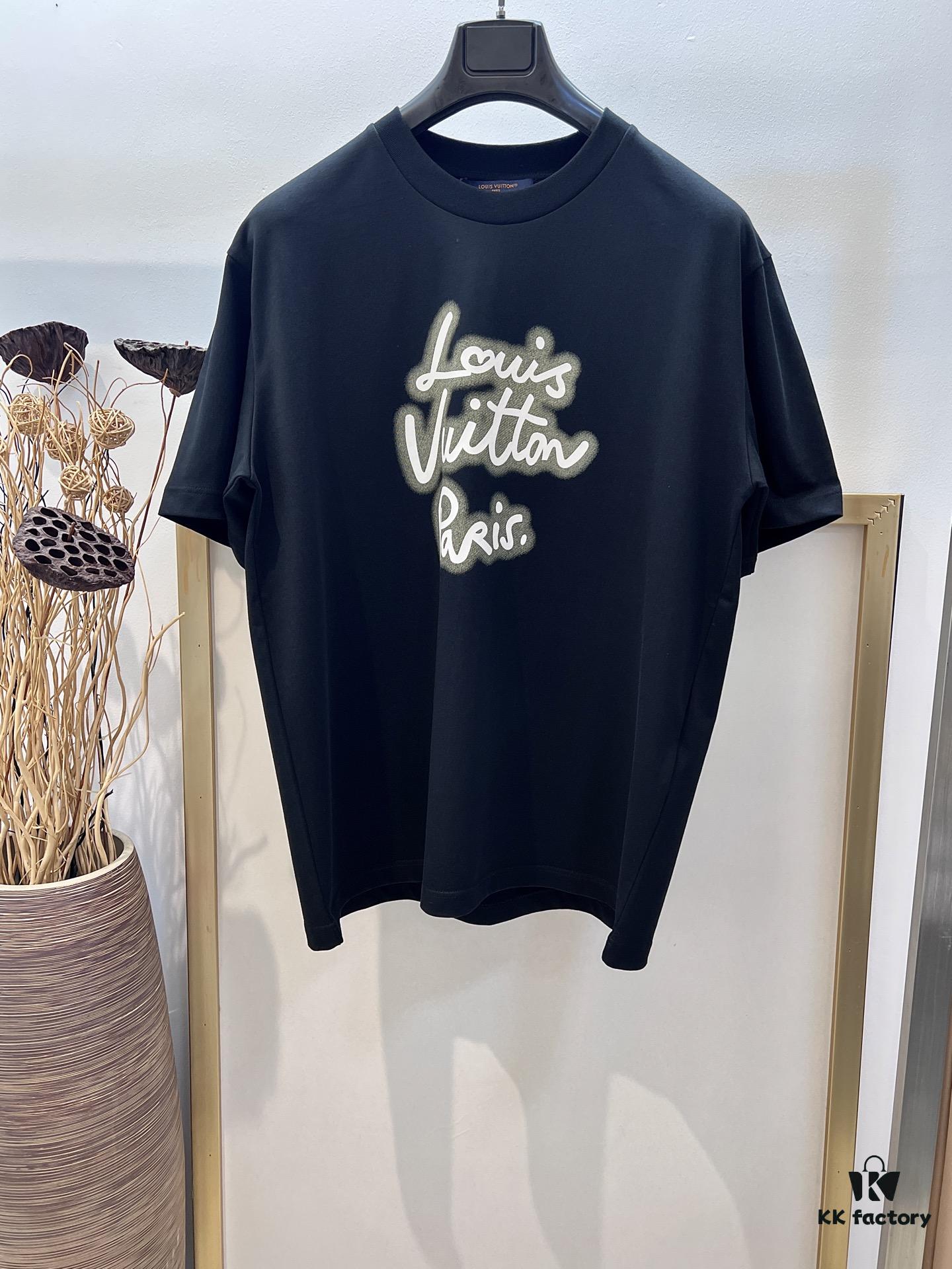 Unisex Black/White T-Shirt by Louis, Crafted from Soft Cotton Knit with Neon-Effected Handwritten Louis Vuitton Paris Logo, Classic Straight Fit Short-Sleeve Cotton Tee
