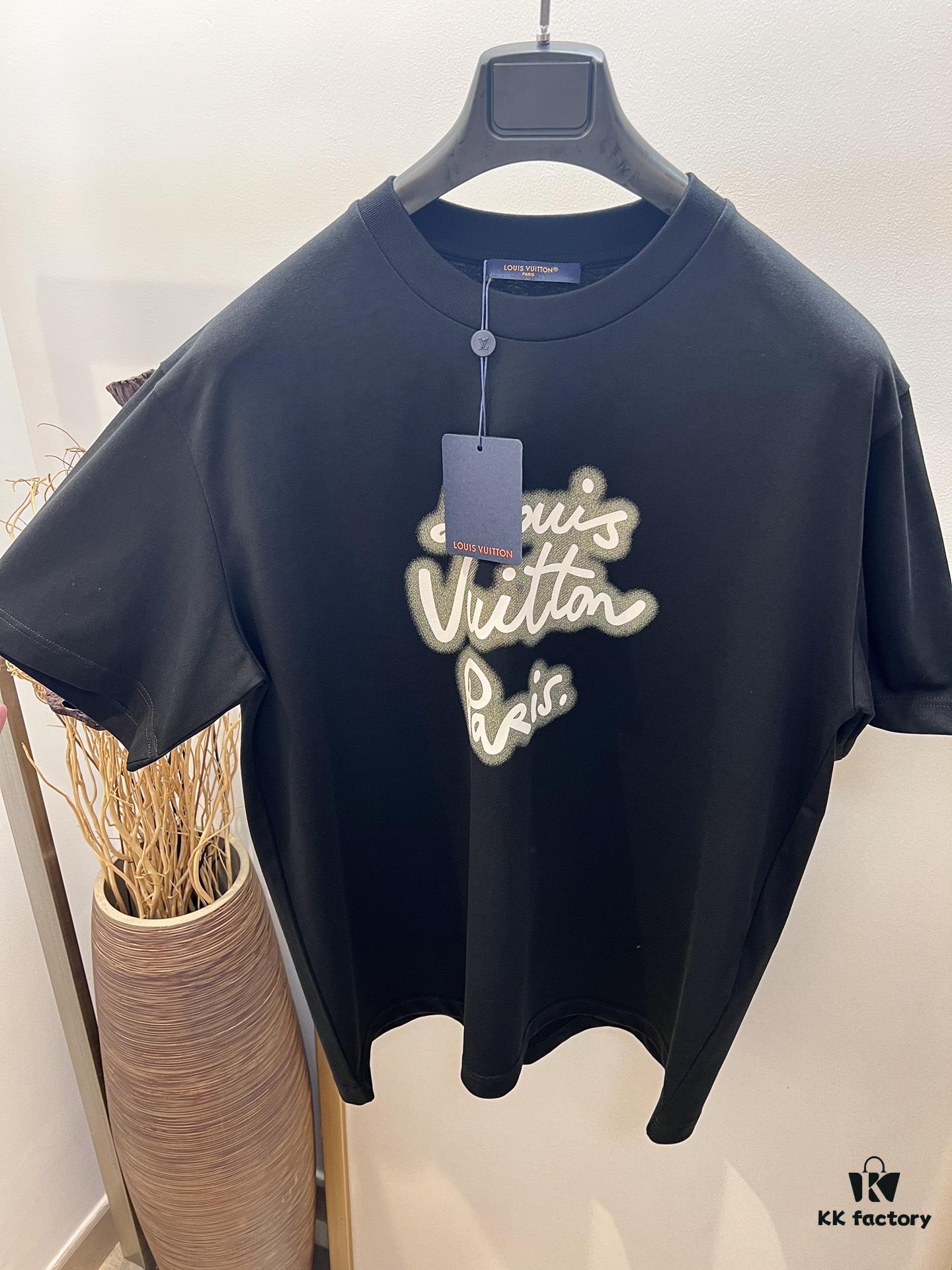 Unisex Black/White T-Shirt by Louis, Crafted from Soft Cotton Knit with Neon-Effected Handwritten Louis Vuitton Paris Logo, Classic Straight Fit Short-Sleeve Cotton Tee