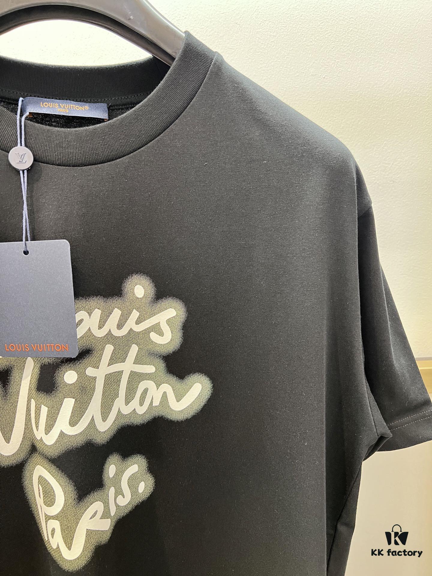 Unisex Black/White T-Shirt by Louis, Crafted from Soft Cotton Knit with Neon-Effected Handwritten Louis Vuitton Paris Logo, Classic Straight Fit Short-Sleeve Cotton Tee