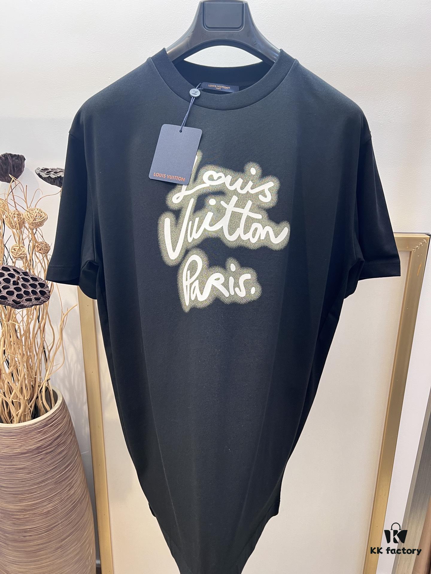 Unisex Black/White T-Shirt by Louis, Crafted from Soft Cotton Knit with Neon-Effected Handwritten Louis Vuitton Paris Logo, Classic Straight Fit Short-Sleeve Cotton Tee