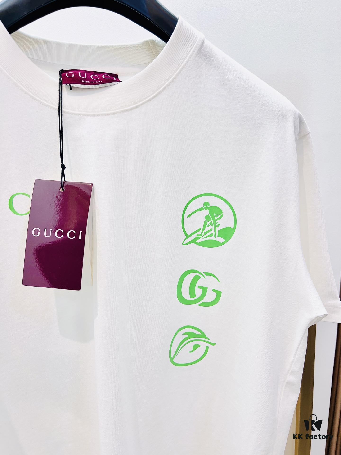 Gucci 2025FW Spring-Summer Oversized Cotton Knit T-Shirt with Gucci Logo Print and Surfer Graphic, Heavyweight Short-Sleeve Tee