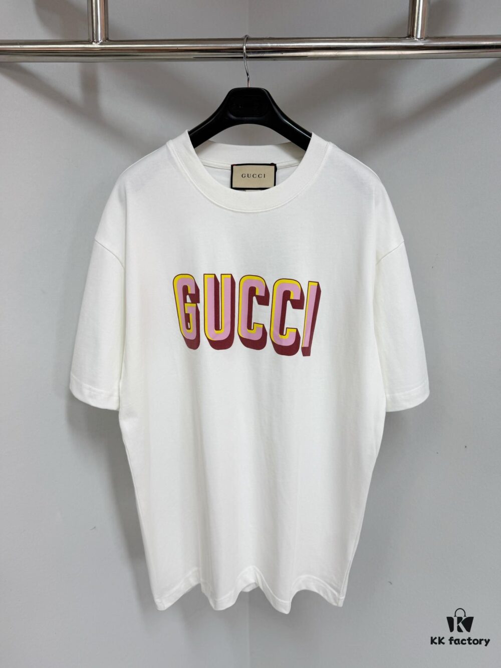 GUCC 25 3D Logo Print Short Sleeve T-Shirt in White Knit Cotton