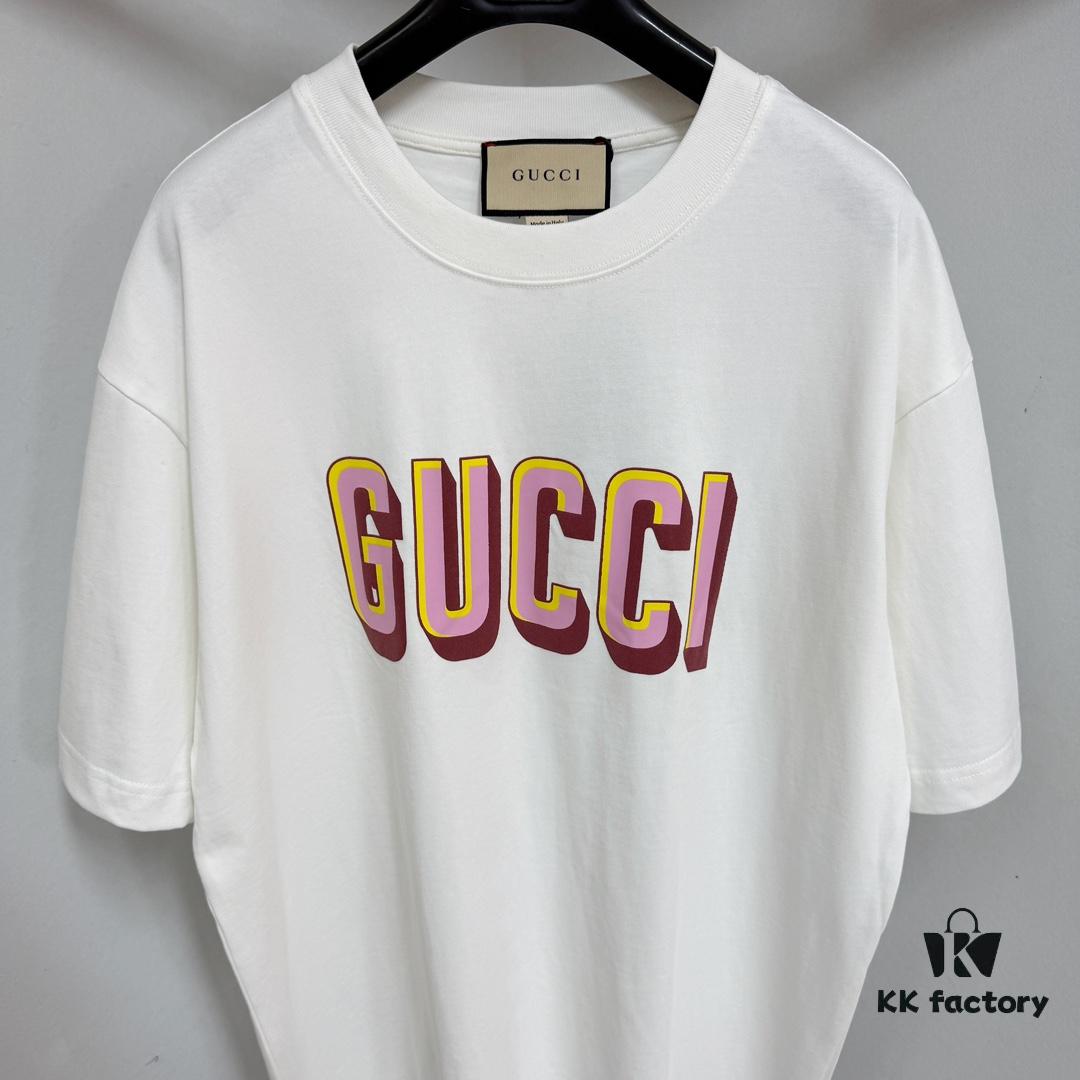 GUCC 25 3D Logo Print Short Sleeve T-Shirt in White Knit Cotton