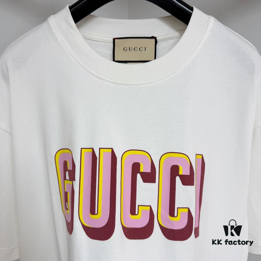 GUCC 25 3D Logo Print Short Sleeve T-Shirt in White Knit Cotton
