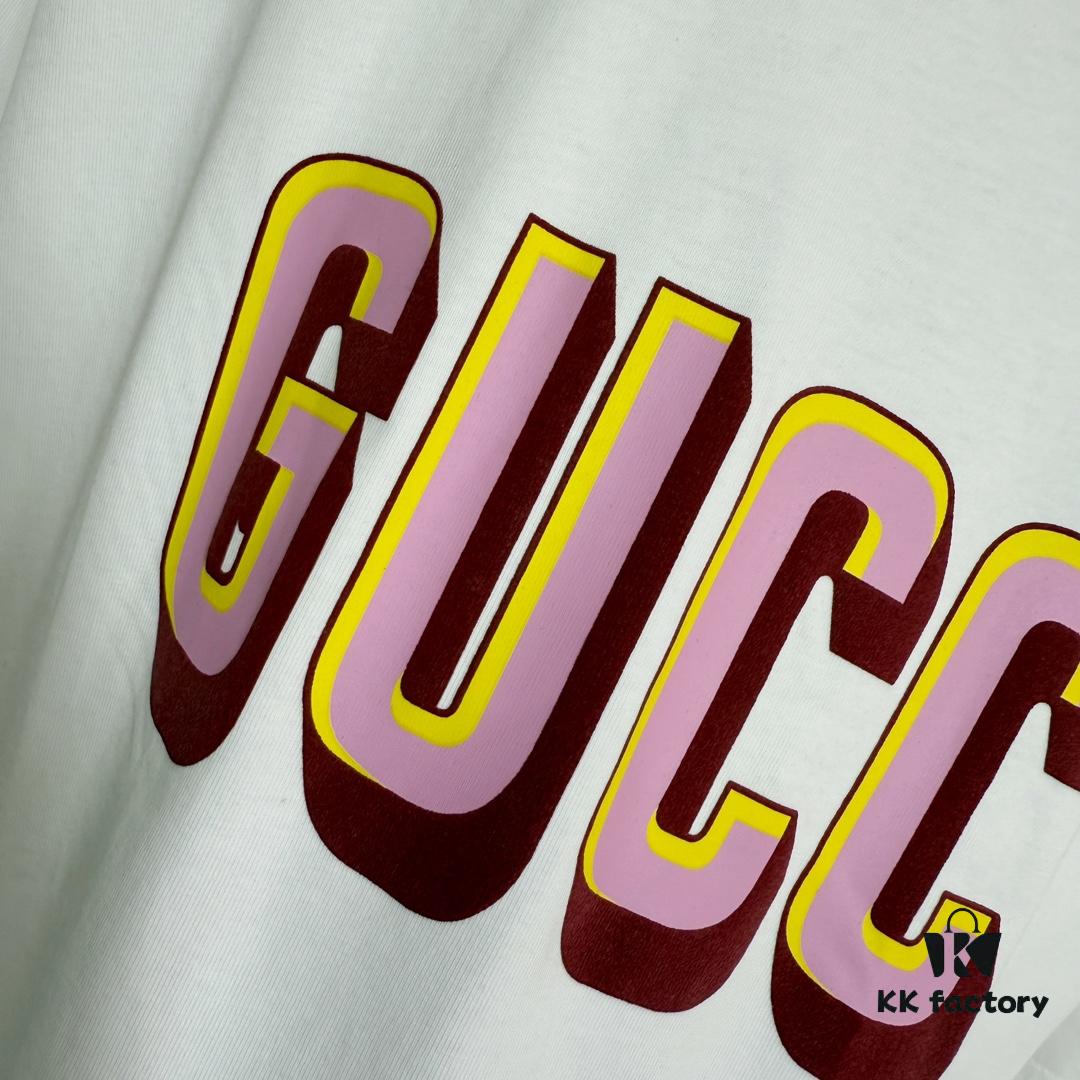 GUCC 25 3D Logo Print Short Sleeve T-Shirt in White Knit Cotton