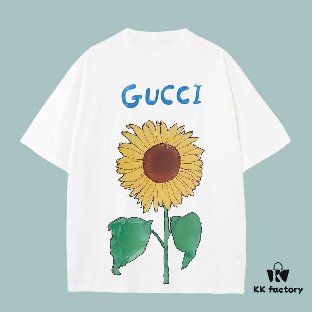 GUCCI 2025 Fall Spring/Summer Collection Sunflower🌻 Beverage🍹 Short Sleeve T-Shirt Premium Quality, Special 270G 32-Count Double-Yarn Pure Cotton Fabric, Loose Fit Unisex Design