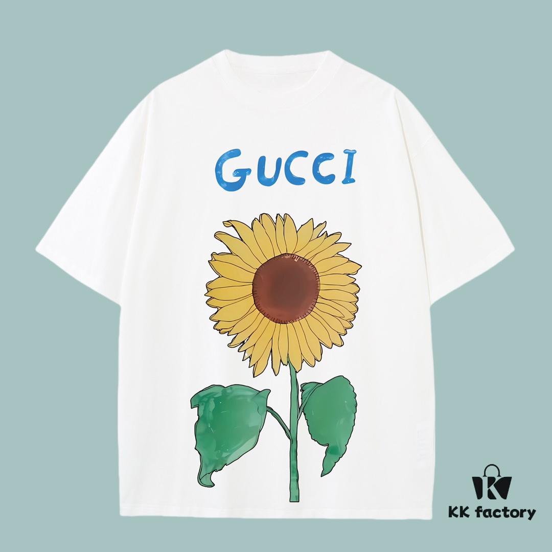 GUCCI 2025 Fall Spring/Summer Collection Sunflower🌻 Beverage🍹 Short Sleeve T-Shirt Premium Quality, Special 270G 32-Count Double-Yarn Pure Cotton Fabric, Loose Fit Unisex Design