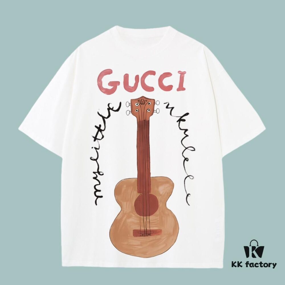 High-End Quality GUCCI 2025 Fall Spring Collection Guitar 🎸 Short Sleeve T-Shirt, Custom Woven 270G 32-Count Double-Yarn Pure Cotton Fabric, Relaxed Fit Unisex Design
