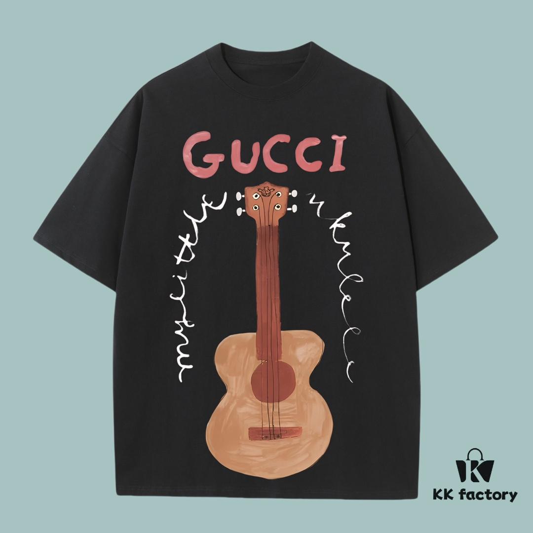 High-End Quality GUCCI 2025 Fall Spring/Summer Collection Guitar Short Sleeve T-Shirt, Premium 270G 32-Count Double-Yarn Pure Cotton Fabric, Relaxed Fit Unisex Design
