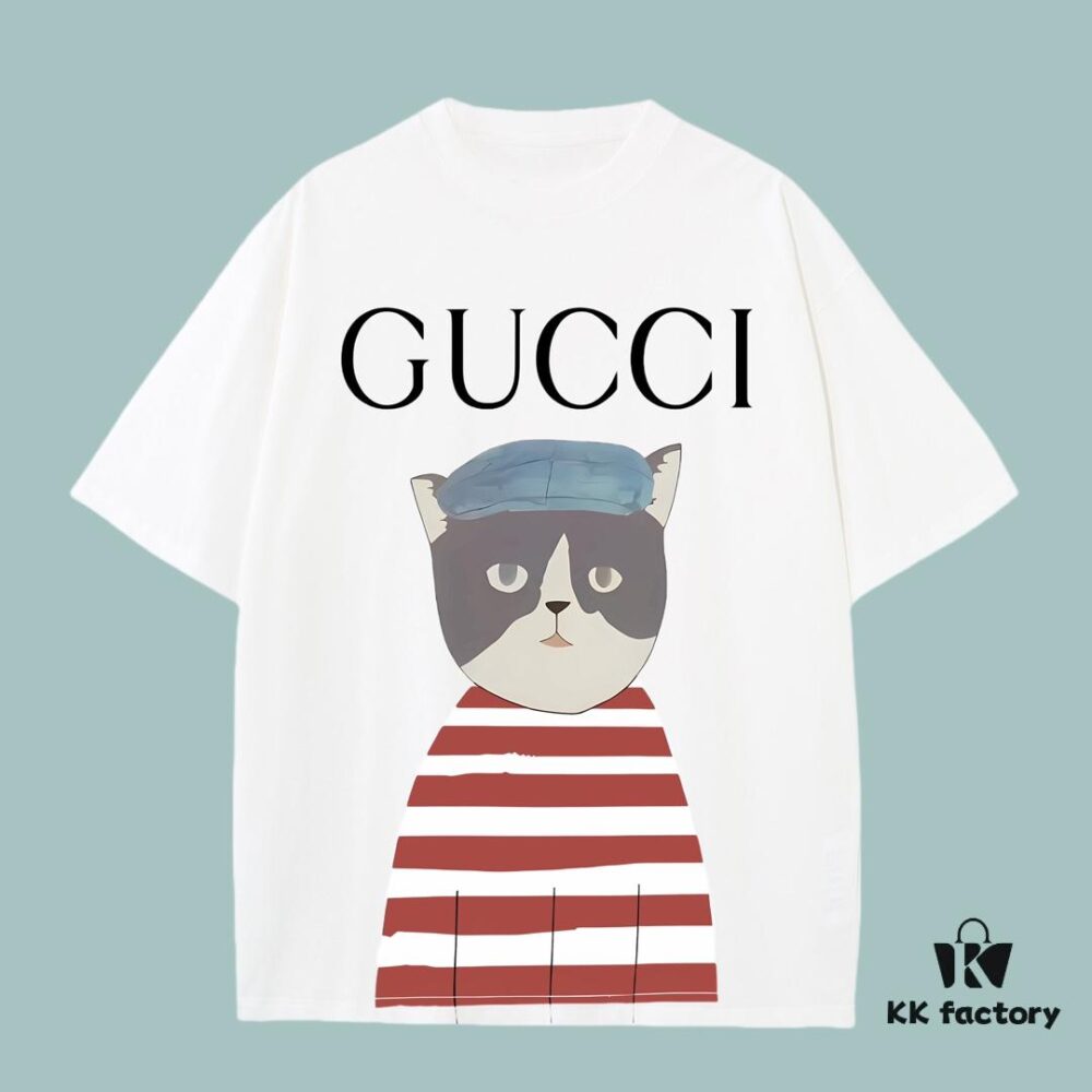 GUCCI 2025 Fall Spring/Summer Collection Kitten Graphic Short-Sleeve T-Shirt Premium Quality, Custom-Woven 270G 32S Double-Yarn Pure Cotton Fabric, Relaxed Unisex Fit