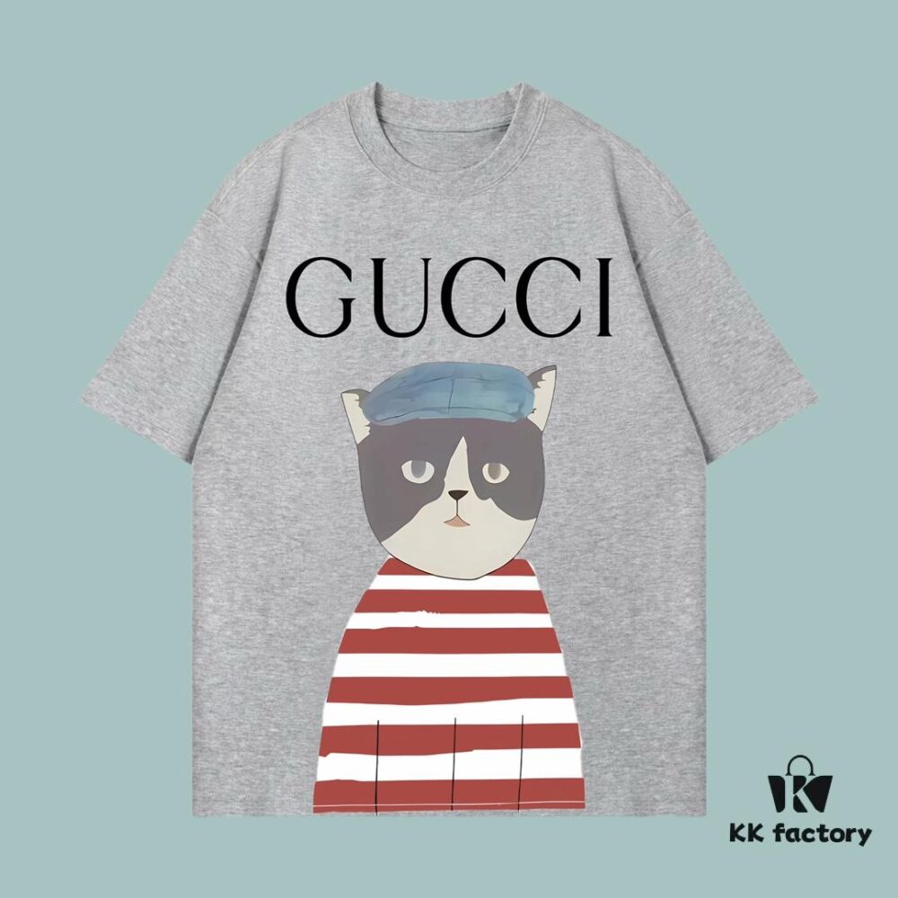 High-End Quality GUCCI 2025 Fall Spring Collection Kitten Graphic Short-Sleeve T-Shirt, Premium 270G 32-Count Double-Yarn Pure Cotton Fabric, Distinct from Regular Print, Relaxed Unisex Fit