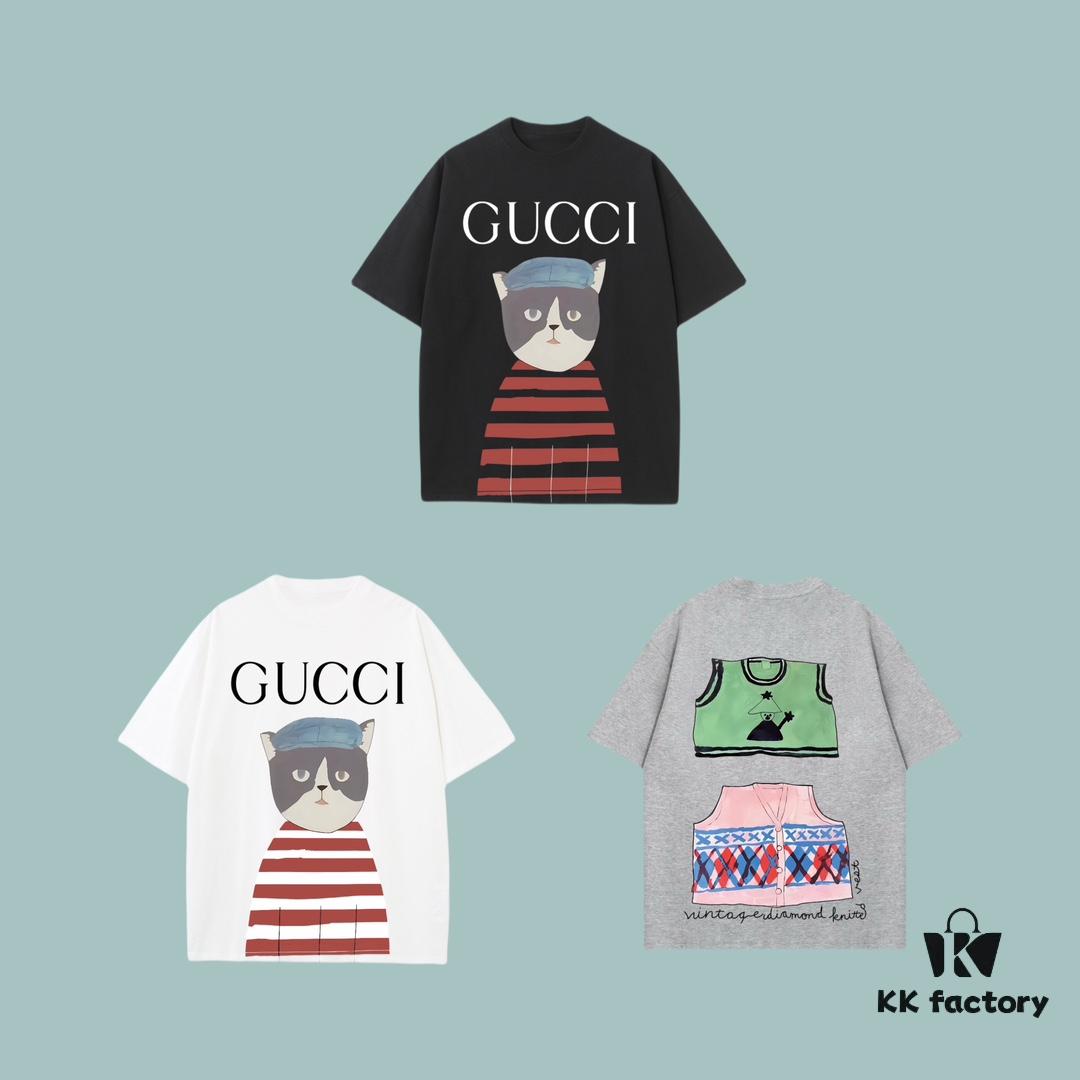 High-End Quality GUCCI 2025 Fall Spring Collection Kitten Graphic Short-Sleeve T-Shirt, Premium 270G 32-Count Double-Yarn Pure Cotton Fabric, Distinct from Regular Print, Relaxed Unisex Fit