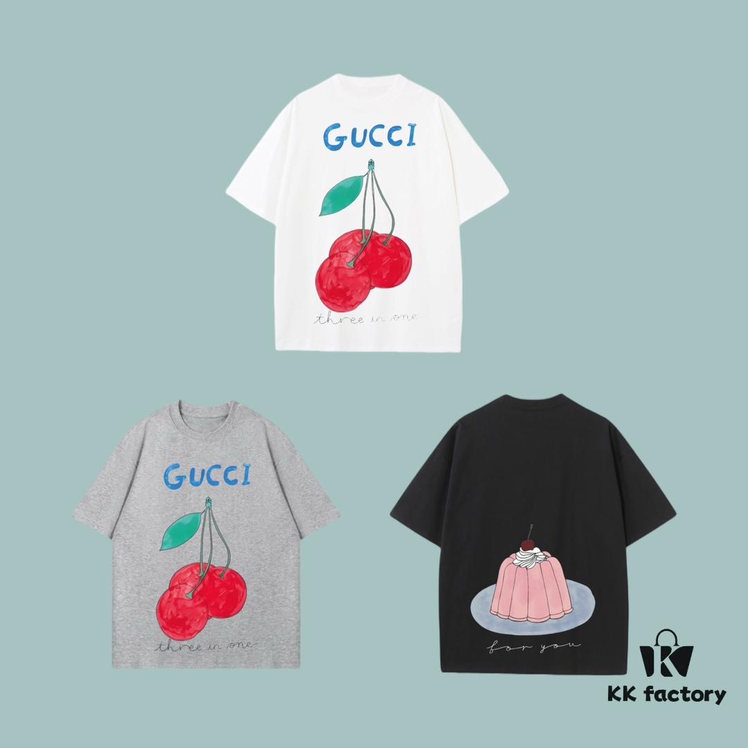 GUCCI 2025 Fall Spring/Summer Collection Cherry Pudding Short-Sleeve T-Shirt Premium Quality Limited Edition, Special Woven 270G 32-Count Double-Yarn Pure Cotton Fabric, Relaxed Unisex Fit