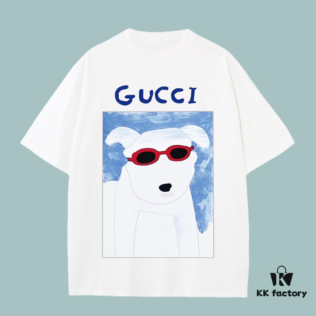 High-End Quality GUCCI 2025 Fall Spring/Summer Collection Puppy Short Sleeve T-Shirt, Premium 270G 32-Count Double-Yarn Pure Cotton Fabric, Distinct from Regular Prints, Loose Fit Unisex Design