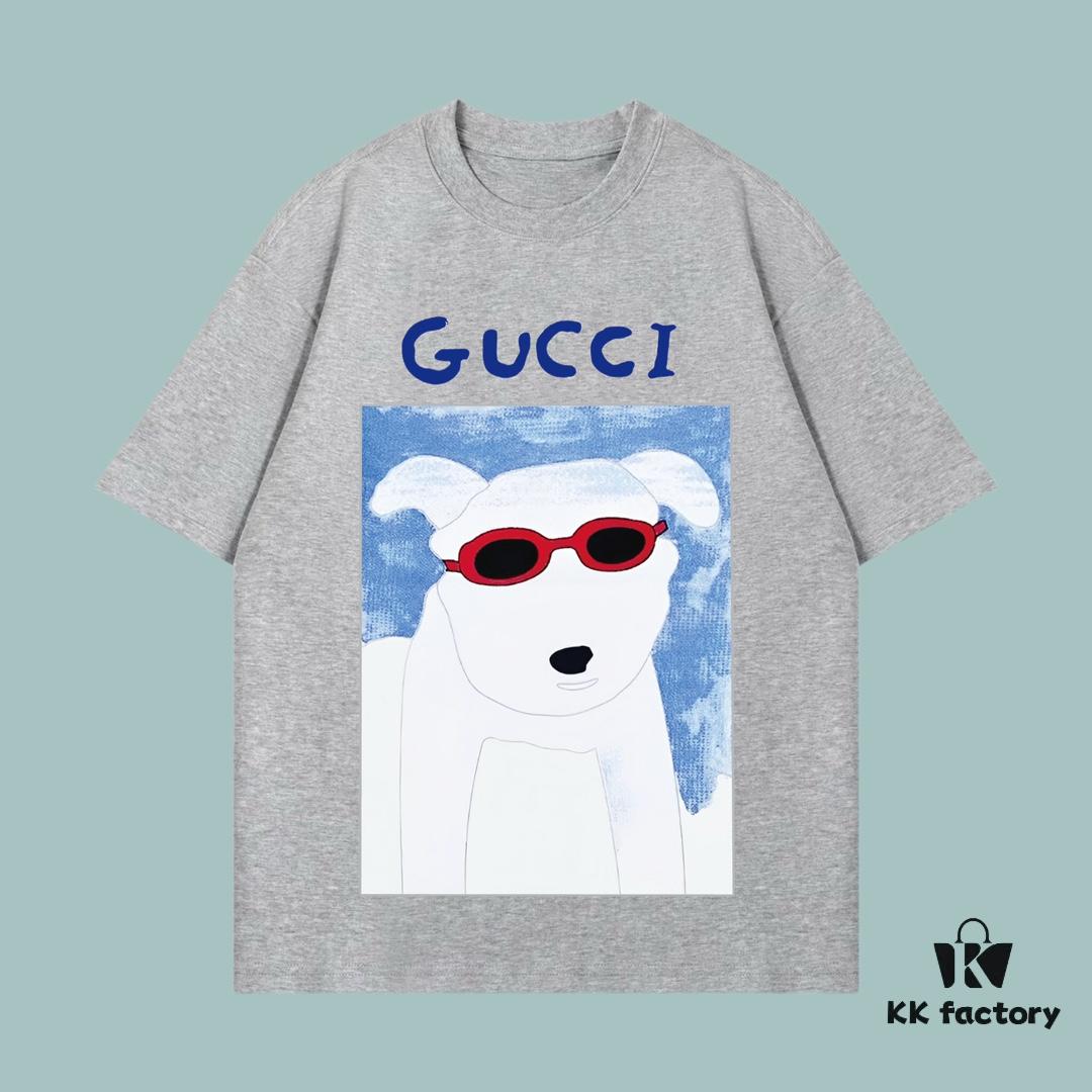 GUCCI 2025 Fall Spring-Summer Collection Cute Puppy Graphic T-Shirt, Premium 270G 32S Double-Yarn Cotton Fabric, Relaxed Unisex Fit