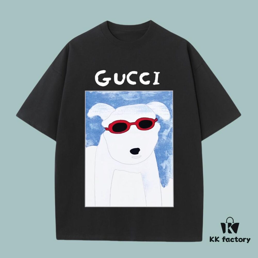GUCCI 2025 Fall Spring/Summer Collection Puppy Graphic Short Sleeve T-Shirt - Premium Quality 270G 32-Single Double-Yarn Cotton Fabric, Relaxed Unisex Fit