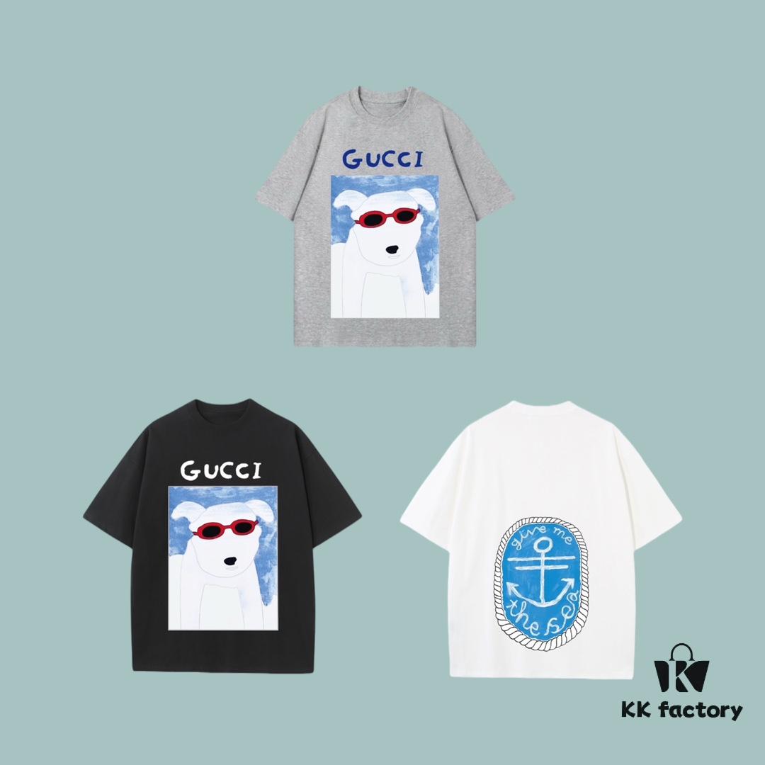 GUCCI 2025 Fall Spring/Summer Collection Puppy Graphic Short Sleeve T-Shirt - Premium Quality 270G 32-Single Double-Yarn Cotton Fabric, Relaxed Unisex Fit