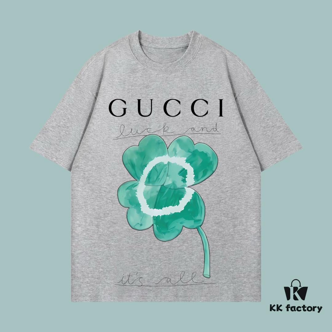 GUCCI 2025 Fall Spring-Summer Collection Clover Short Sleeve T-Shirt Premium Quality 270G 32S Double-Yarn Pure Cotton Fabric Loose Fit Unisex