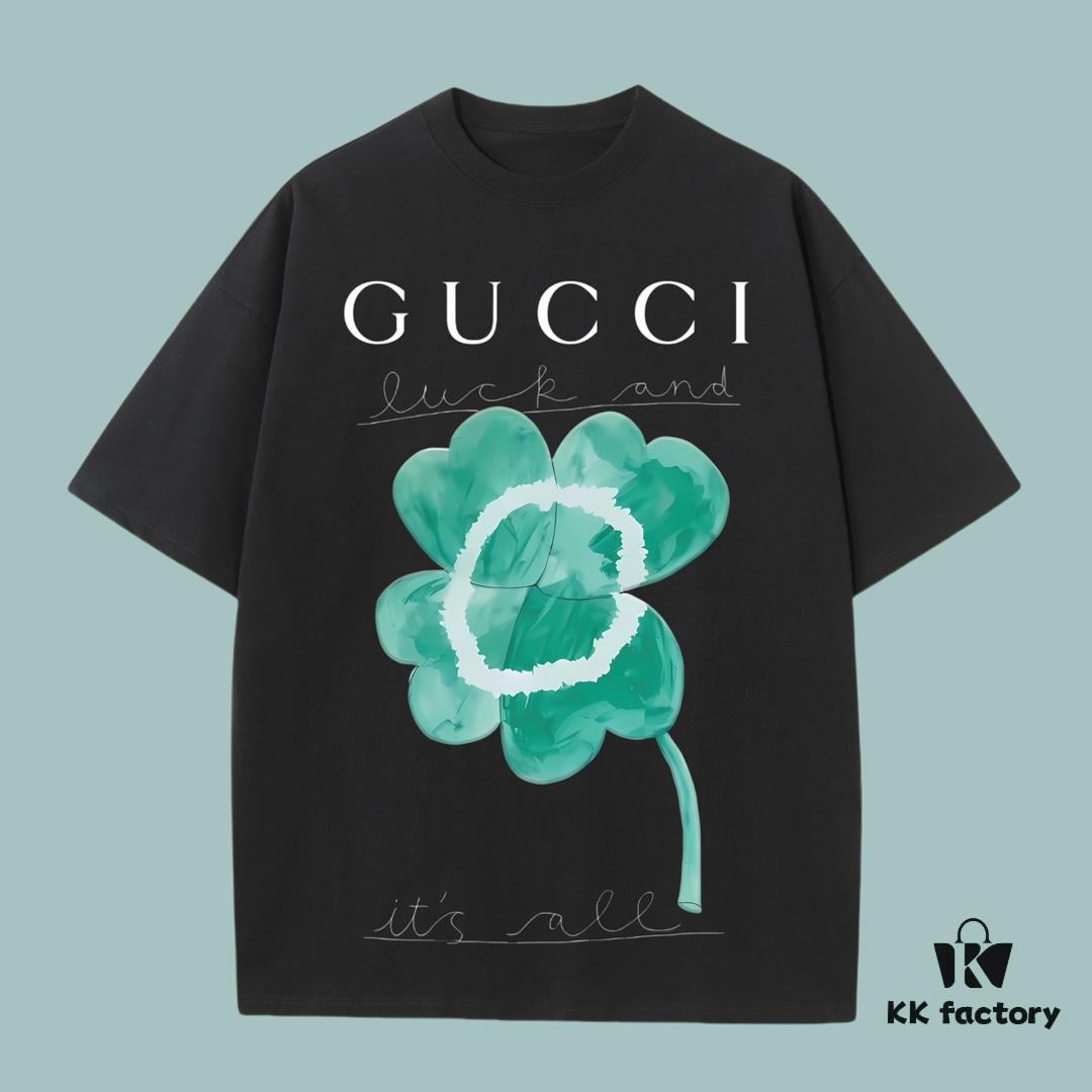 GUCCI 2025 Fall Spring-Summer Collection Clover Short Sleeve T-Shirt, Premium 270G 32-Count Double-Yarn Pure Cotton Fabric, Distinct from Regular Print, Relaxed Fit Unisex Design