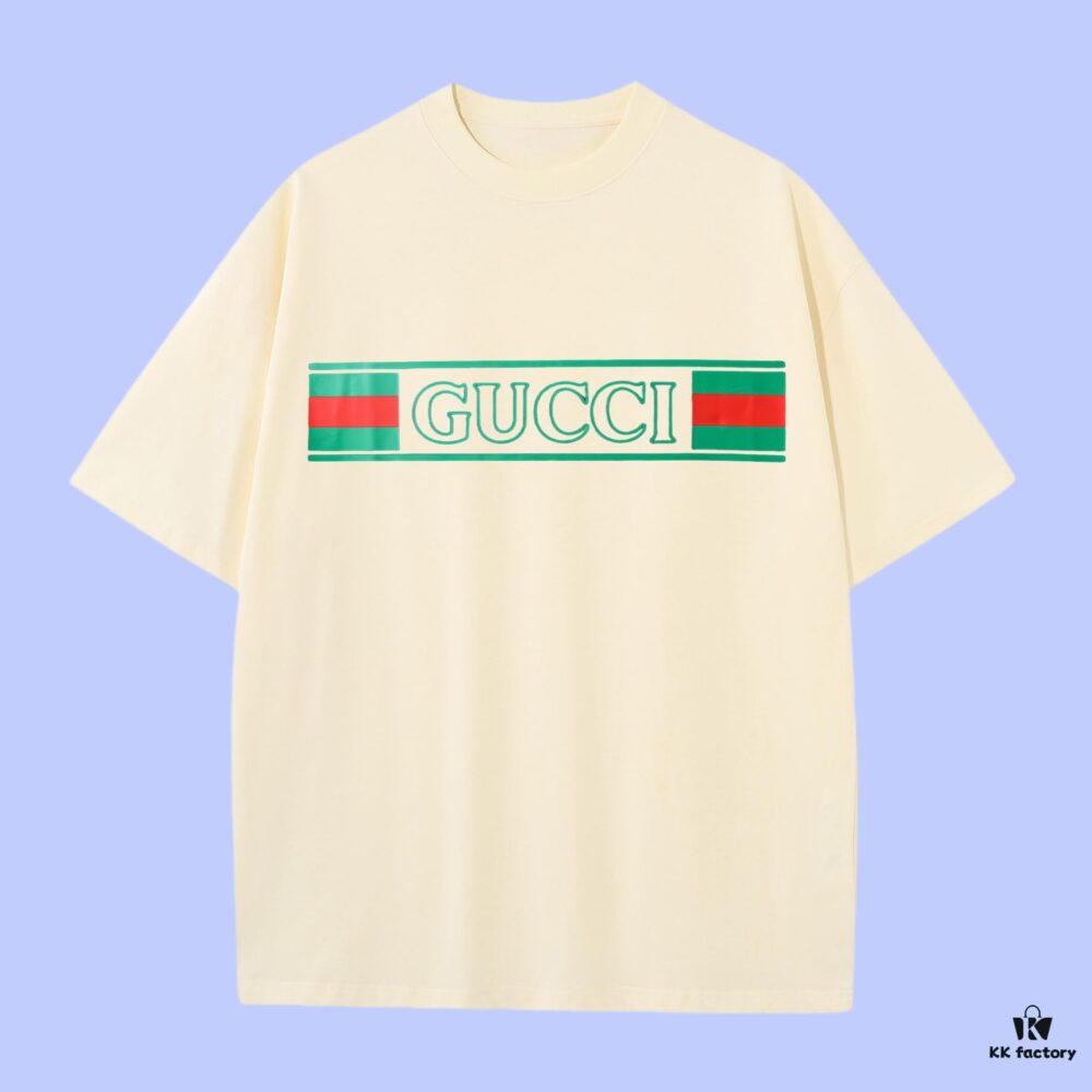 GUCCI 2025 Fall Spring-Summer Collection Logo Short Sleeve T-Shirt Premium Quality, Custom Woven 270G 32-Count Double-Yarn Pure Cotton Fabric, Relaxed Fit Unisex Design