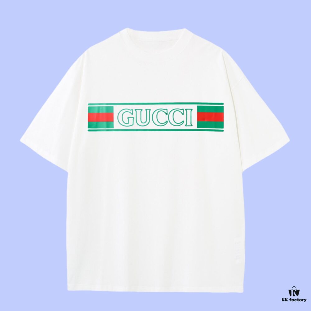 High-End Quality GUCCI 2025 Fall Spring/Summer Collection Logo Short-Sleeve T-Shirt, Premium 270G 32-Count Double-Yarn Cotton Fabric, Relaxed Unisex Fit