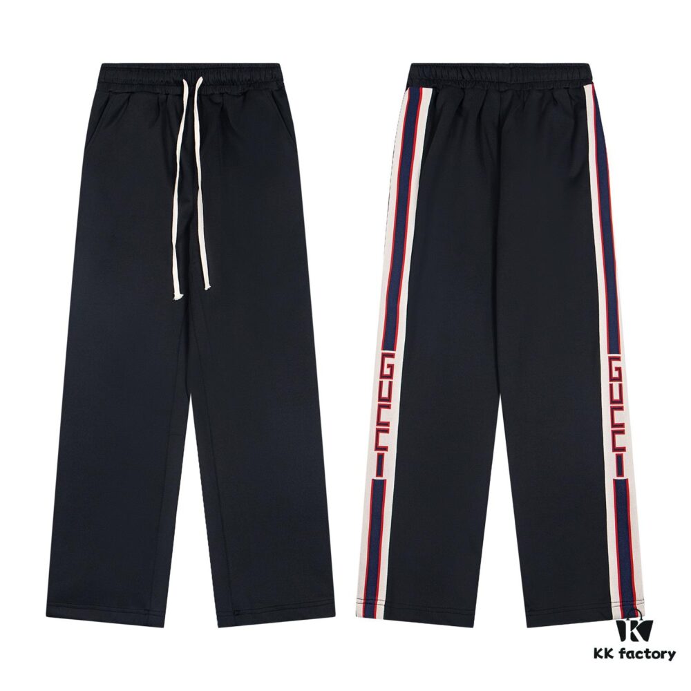 Gucci Y101 Evergreen New Classic Webbing Wide-Leg Straight Trousers, Unisex Casual Pants with Logo Trim, Premium Heavyweight Custom Fabric