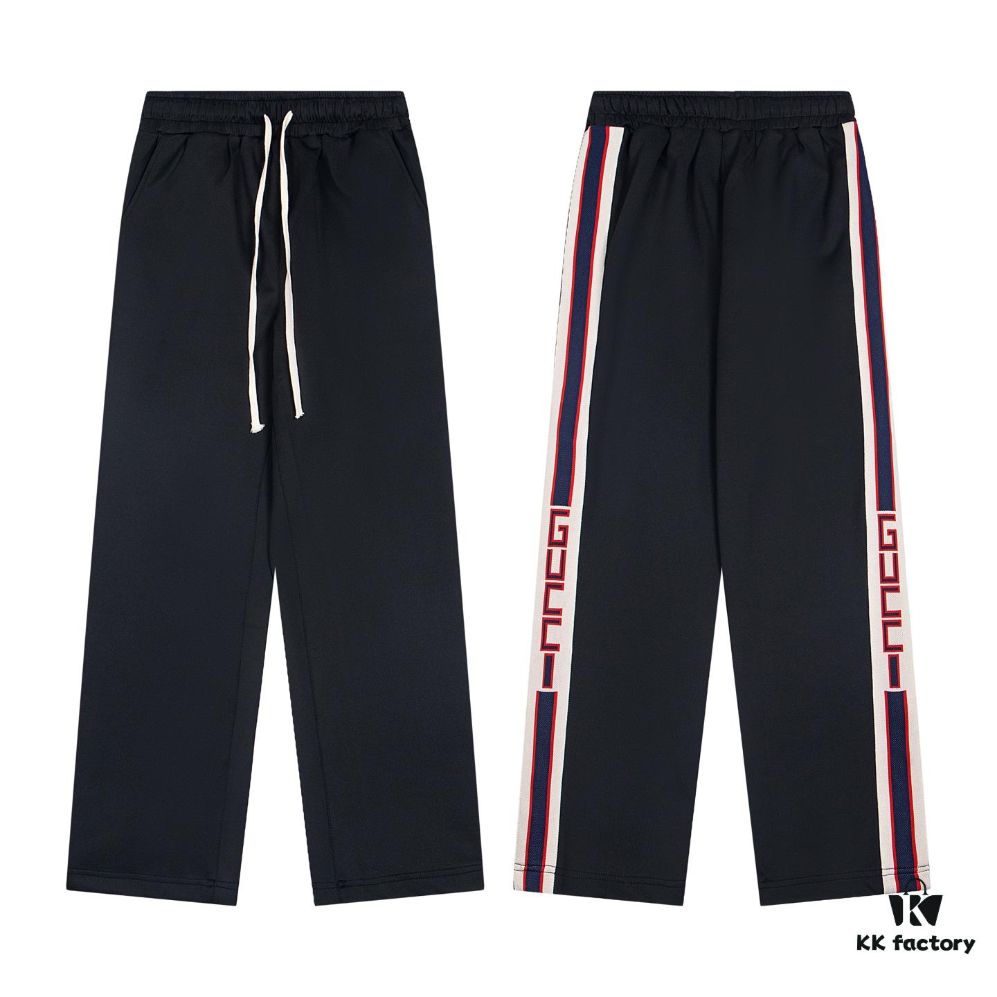 Gucci Y101 Evergreen New Classic Webbing Wide-Leg Straight Trousers, Unisex Casual Pants with Logo Trim, Premium Heavyweight Custom Fabric