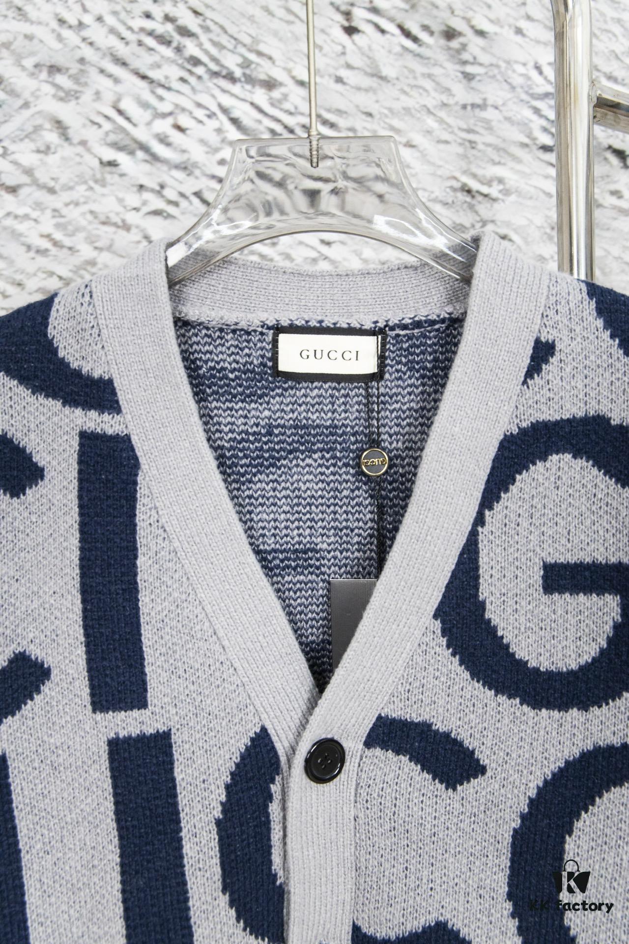 GUCCI Men's and Women's Double G Logo Knit Cardigan Polo Collar Ivory White Wool-Blend High-Quality Craftsmanship