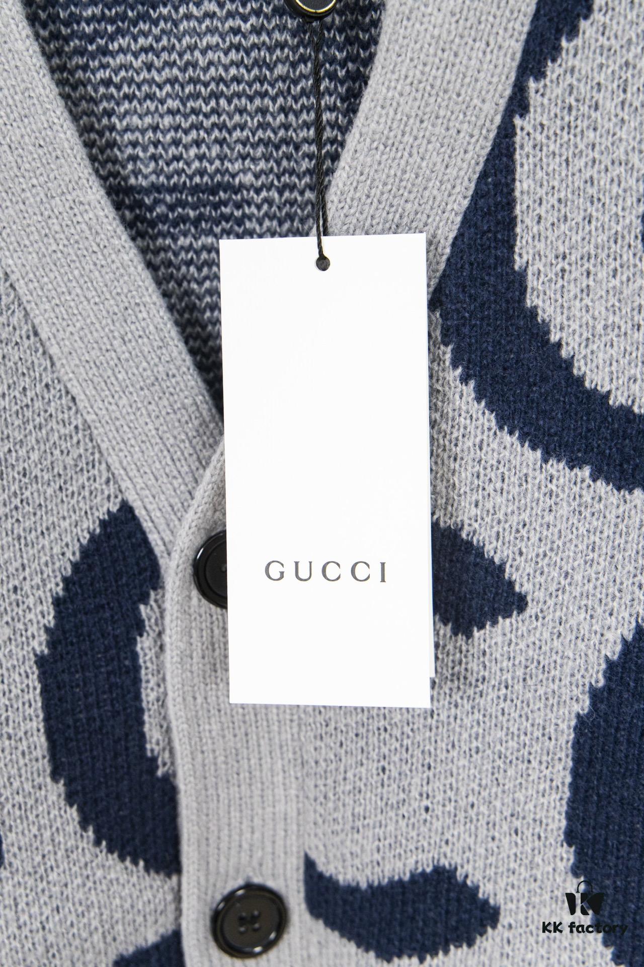 GUCCI Men's and Women's Double G Logo Knit Cardigan Polo Collar Ivory White Wool-Blend High-Quality Craftsmanship