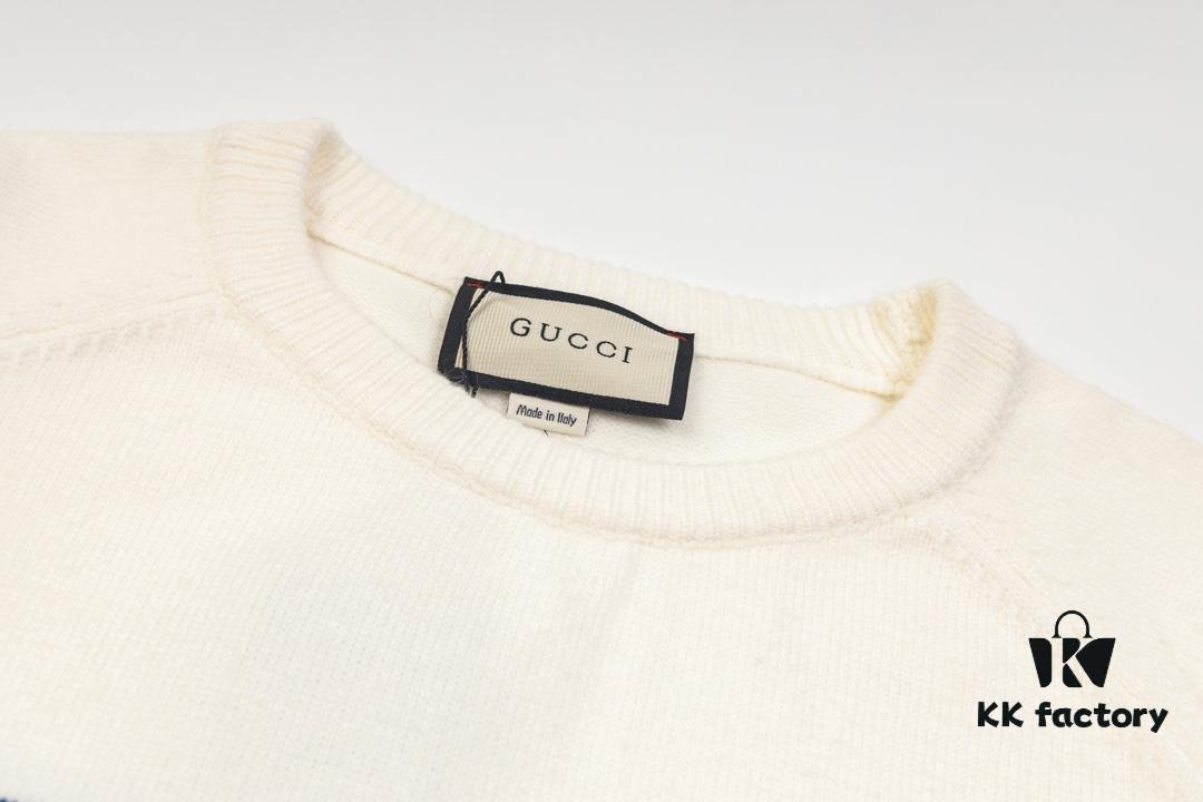 GUCCI Crew Neck Jacquard Sweater Unisex High-Density Wool Blend Premium Knitwear White