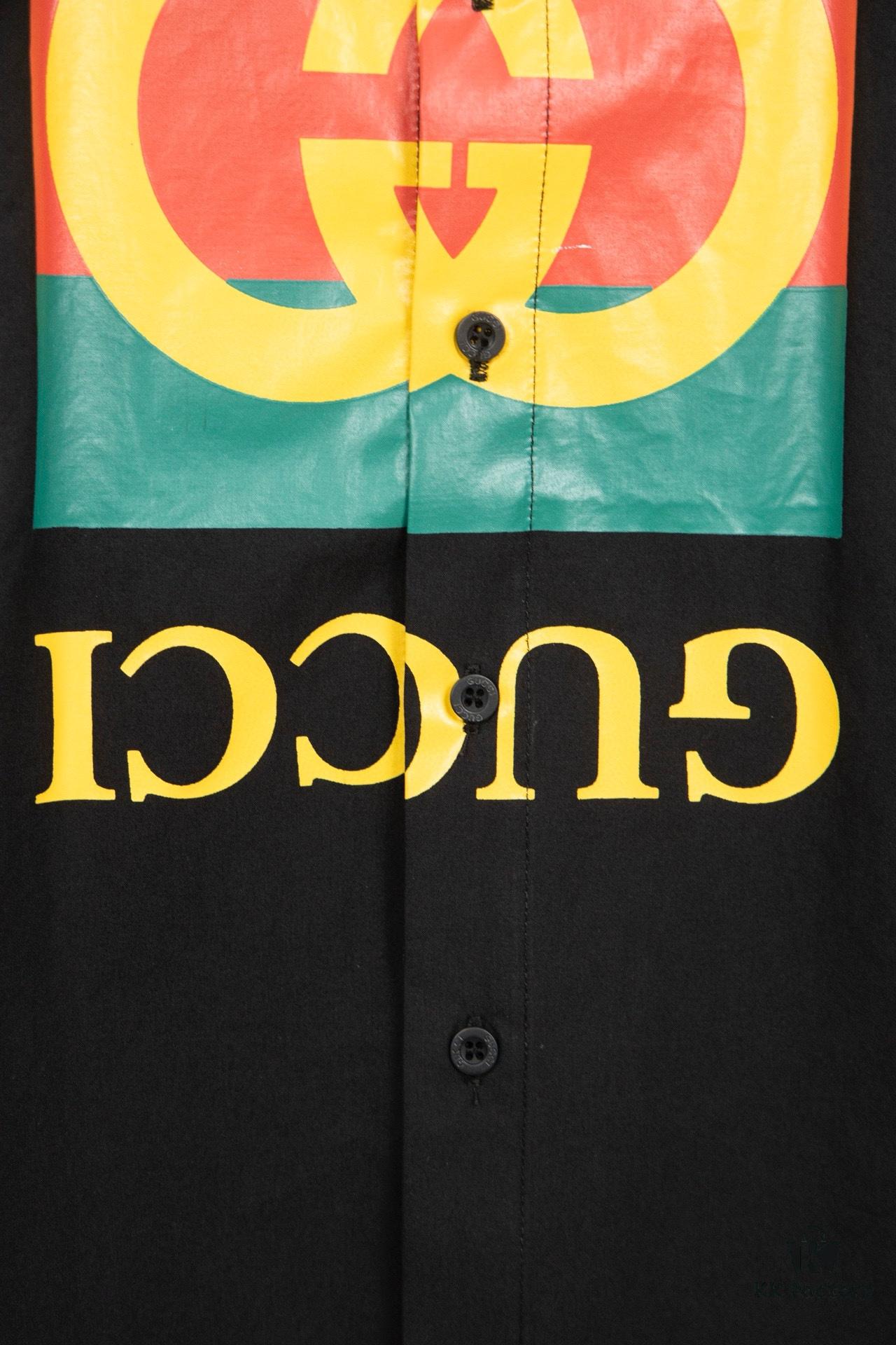 New Gucci Red-Green Double Ring Printed Logo Button-Up Shirt with Checkered Design