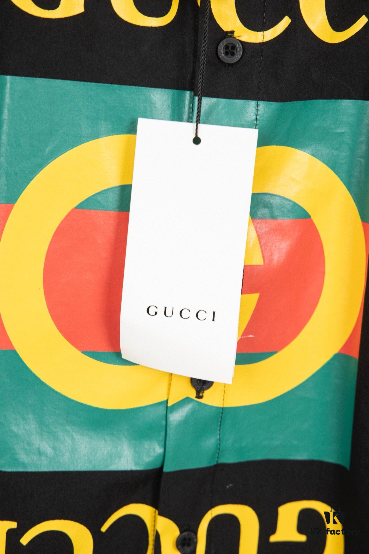 New Gucci Red-Green Double Ring Printed Logo Button-Up Shirt with Checkered Design