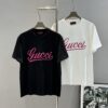 GUCC*25s New Arrival Streetwear T-Shirt, Unisex Design with Signature Logo Embroidery, 3D Textured High-Density Stitching, Pink Embroidered Accents on Black and White Base