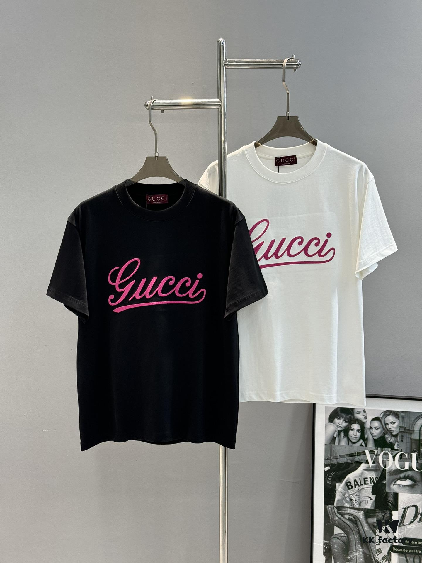 GUCC*25s New Arrival Streetwear T-Shirt, Unisex Design with Signature Logo Embroidery, 3D Textured High-Density Stitching, Pink Embroidered Accents on Black and White Base