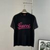 GUCC*25s New Arrival Streetwear T-Shirt, Unisex Design with Signature Logo Embroidery, 3D Textured High-Density Stitching, Pink Embroidered Accents on Black and White Base