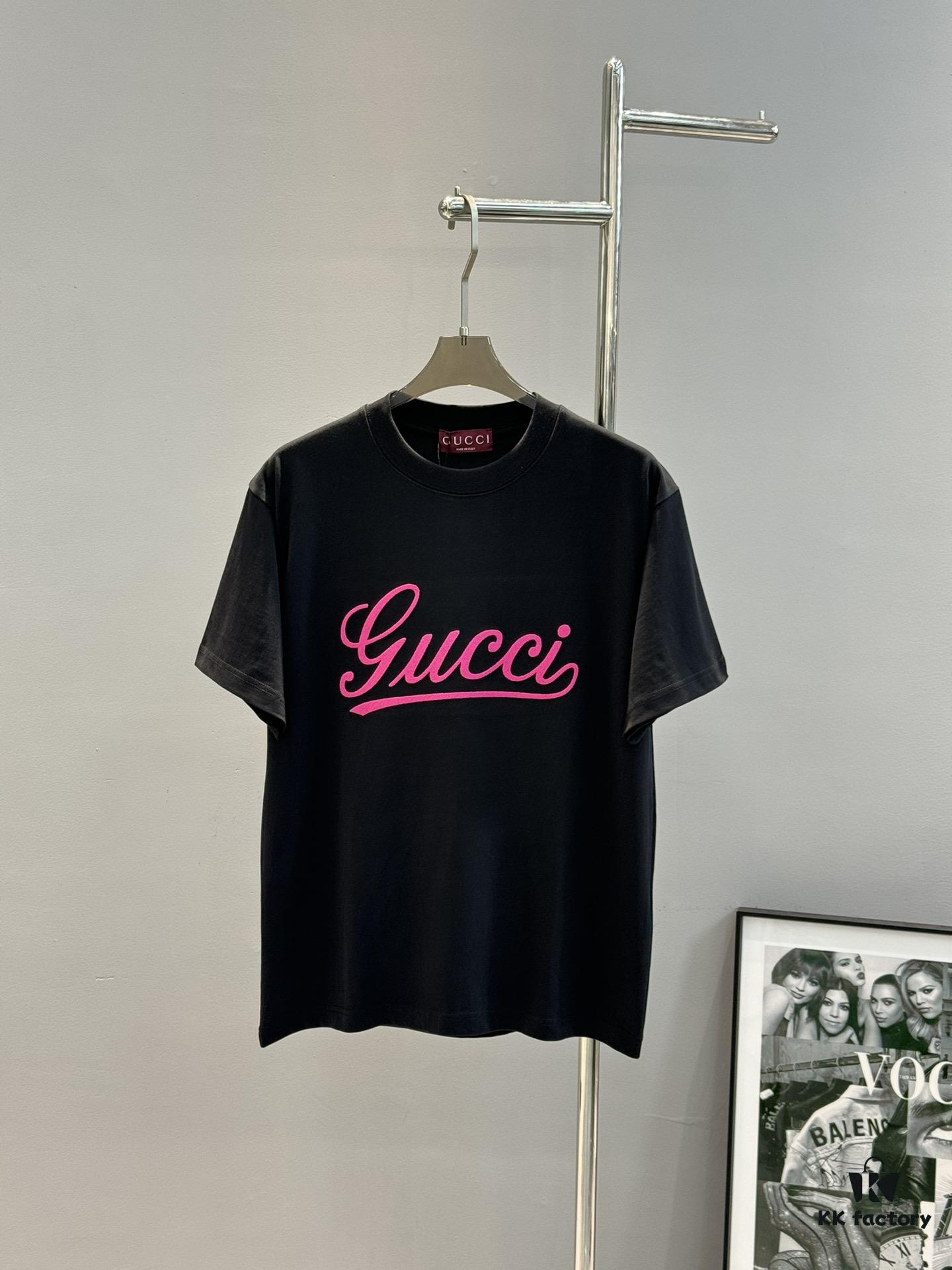 GUCC*25s New Arrival Streetwear T-Shirt, Unisex Design with Signature Logo Embroidery, 3D Textured High-Density Stitching, Pink Embroidered Accents on Black and White Base
