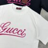GUCC*25s New Arrival Streetwear T-Shirt, Unisex Design with Signature Logo Embroidery, 3D Textured High-Density Stitching, Pink Embroidered Accents on Black and White Base