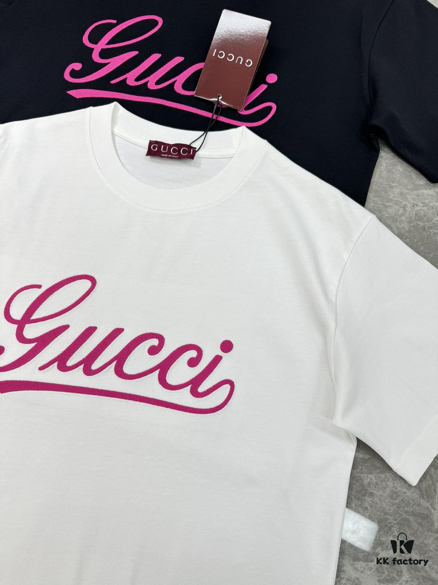 GUCC*25s New Arrival Streetwear T-Shirt, Unisex Design with Signature Logo Embroidery, 3D Textured High-Density Stitching, Pink Embroidered Accents on Black and White Base