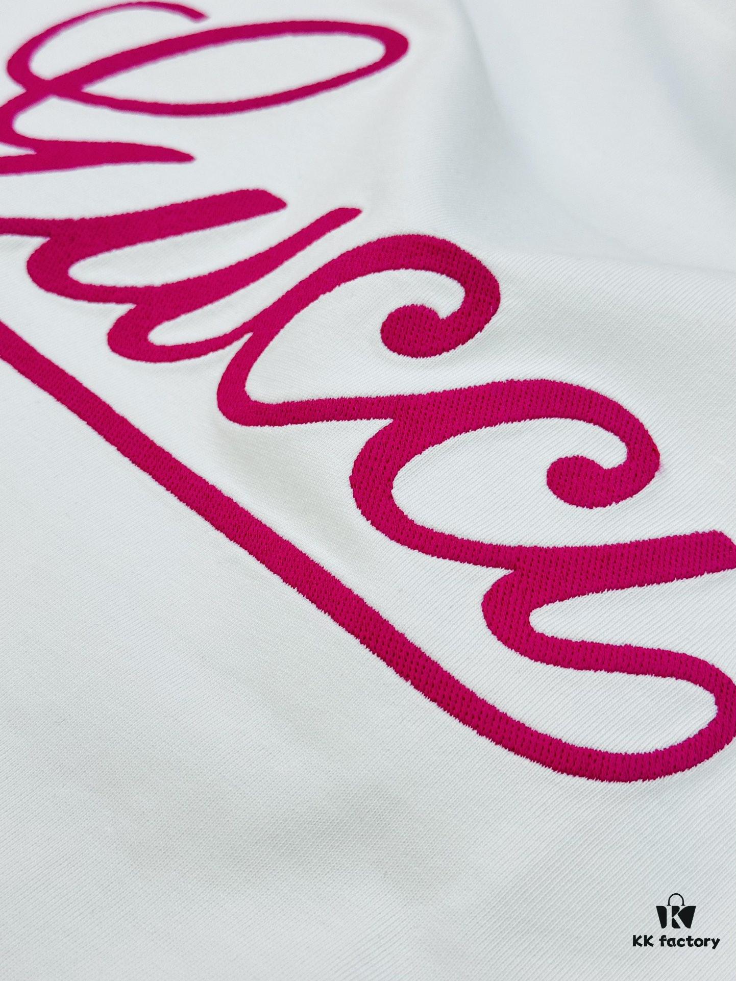 GUCC*25s New Arrival Streetwear T-Shirt, Unisex Design with Signature Logo Embroidery, 3D Textured High-Density Stitching, Pink Embroidered Accents on Black and White Base