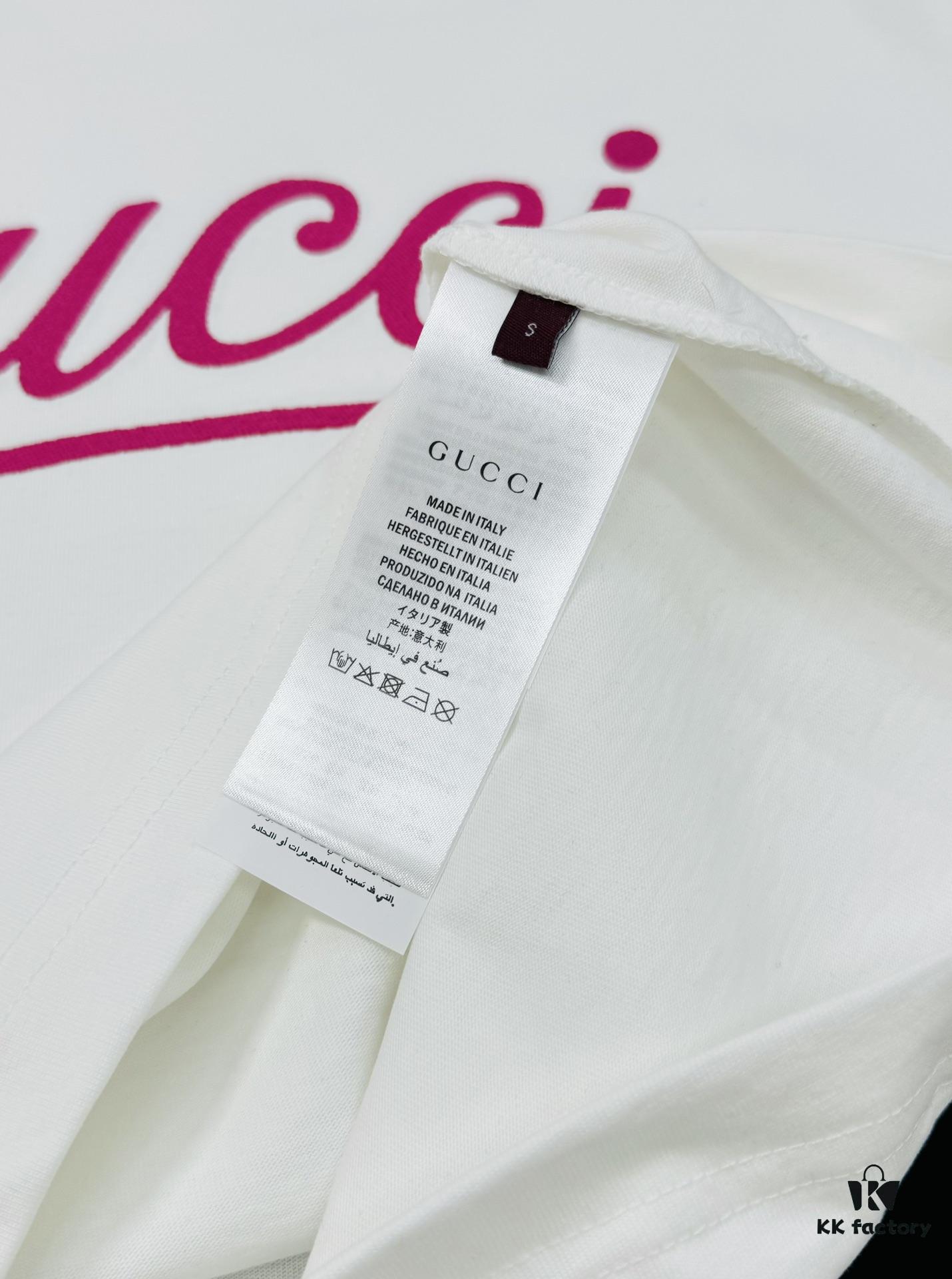 GUCC*25s New Arrival Streetwear T-Shirt, Unisex Design with Signature Logo Embroidery, 3D Textured High-Density Stitching, Pink Embroidered Accents on Black and White Base