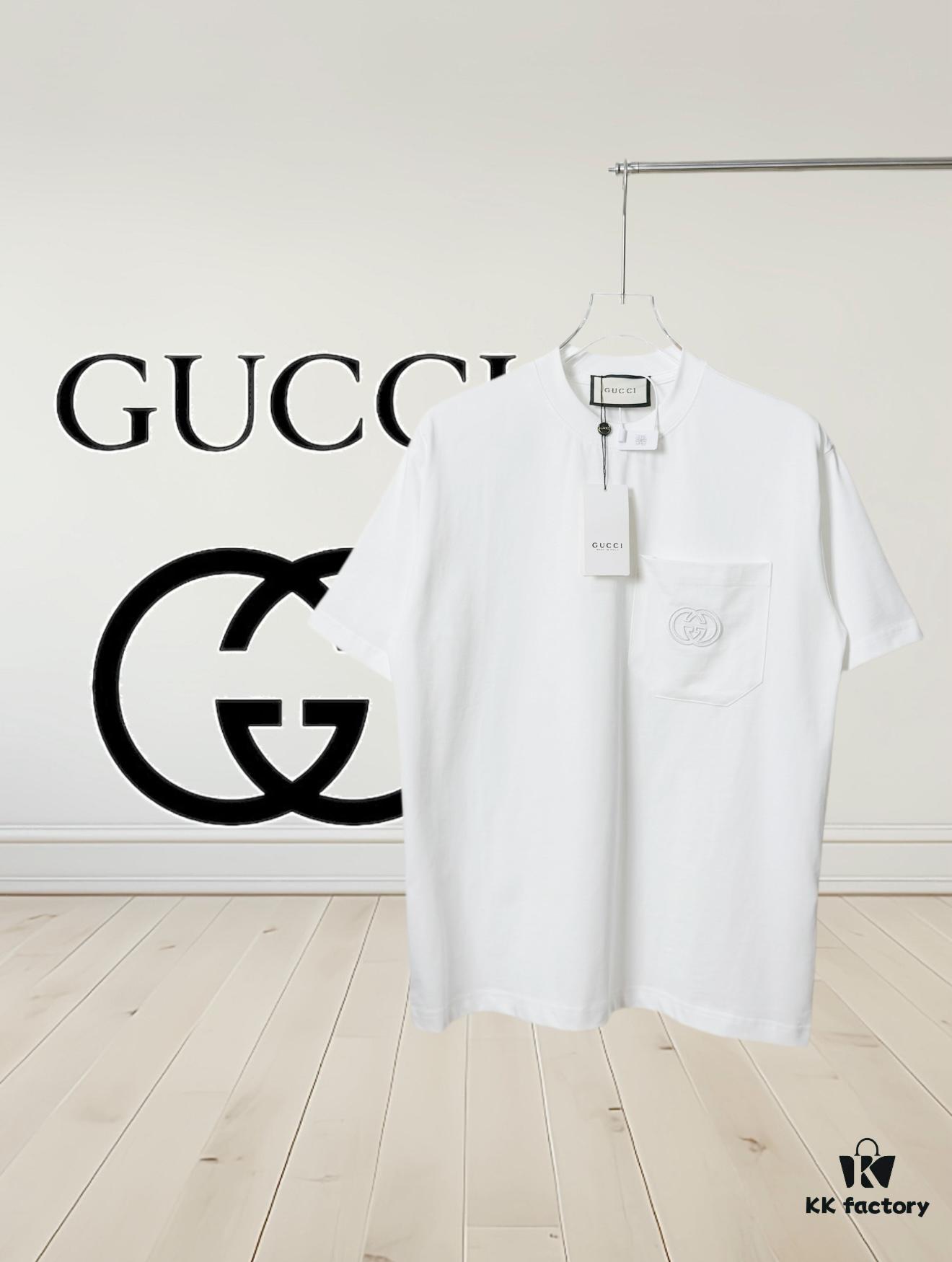Gucci Vintage Double G Embroidered Pocket Short Sleeve T-Shirt Classic Unisex Casual Cotton Top