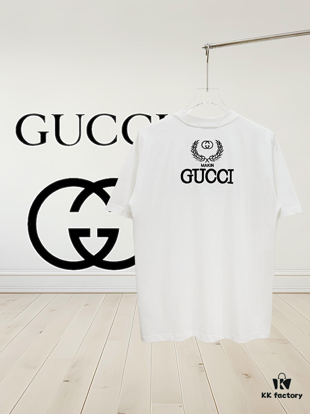 High-End Gucci Round Neck Short Sleeve T-Shirt with Front and Back Embroidered Logo, Premium 280g Double-Yarn Combed Cotton, Pre-Shrunk Washed Fabric, Unisex Fit, Official Website Detailing, Three Labels Complete