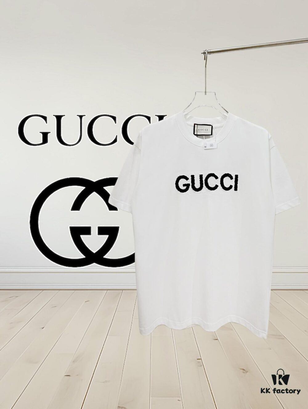 High-End Gucci Round Neck Short Sleeve T-Shirt with Front and Back Embroidered Logo, Premium 280g Double-Yarn Combed Cotton, Pre-Shrunk Washed Fabric, Unisex Fit, Official Website Detailing, Three Labels Complete