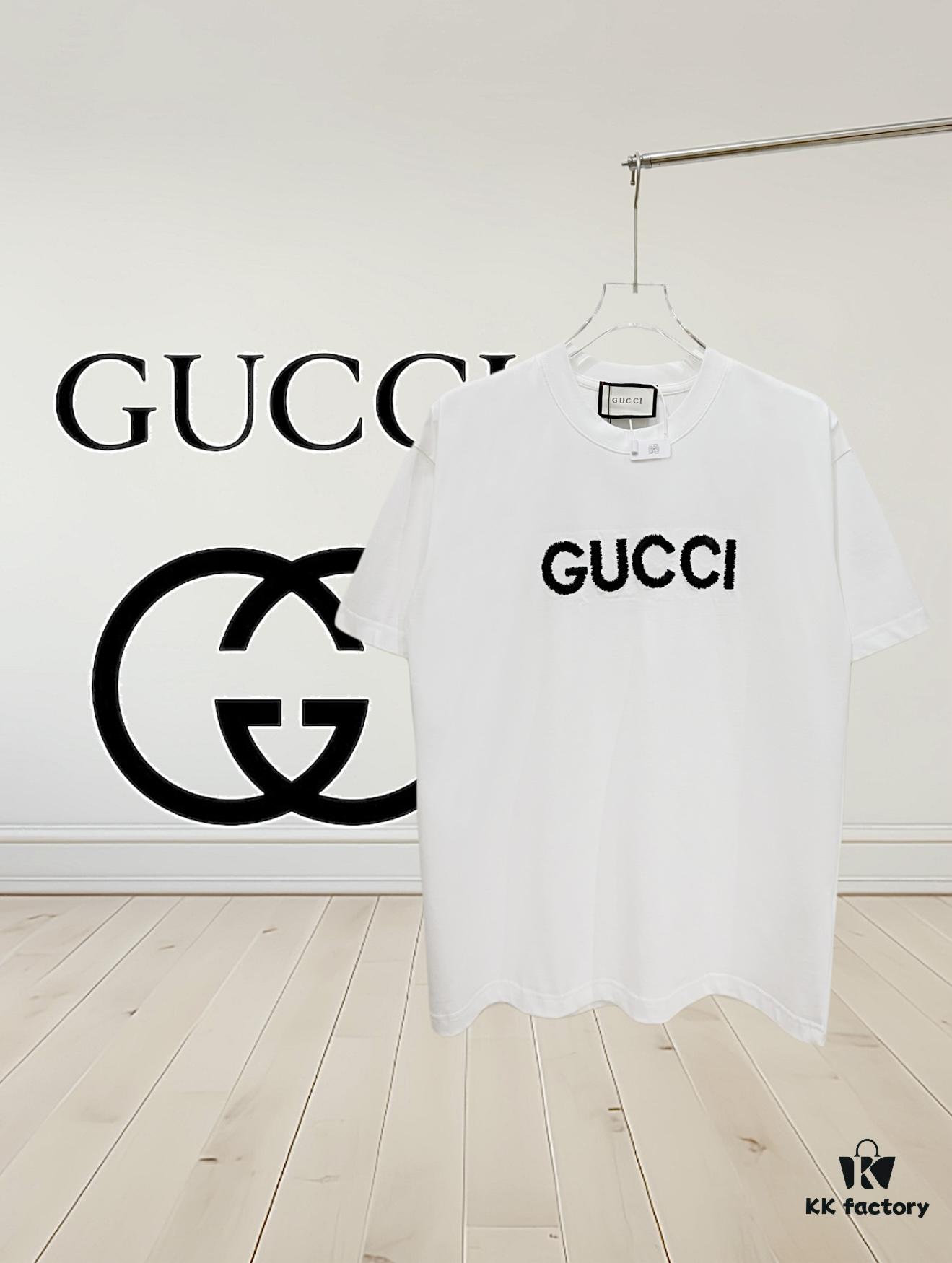 High-End Gucci Round Neck Short Sleeve T-Shirt with Front and Back Embroidered Logo, Premium 280g Double-Yarn Combed Cotton, Pre-Shrunk Washed Fabric, Unisex Fit, Official Website Detailing, Three Labels Complete