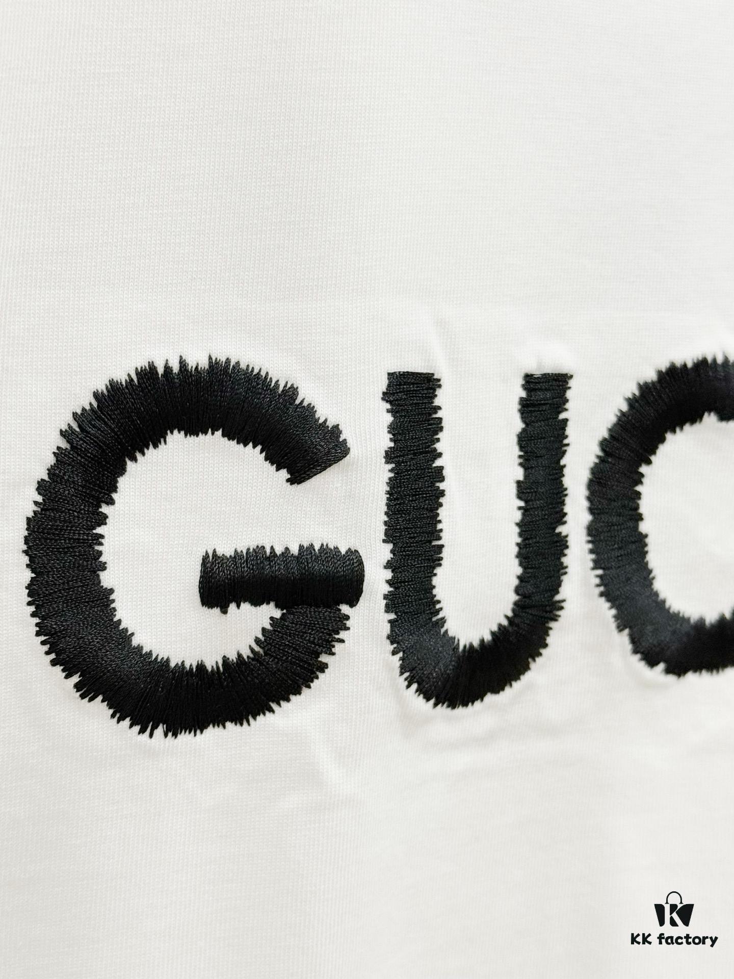 High-End Gucci Round Neck Short Sleeve T-Shirt with Front and Back Embroidered Logo, Premium 280g Double-Yarn Combed Cotton, Pre-Shrunk Washed Fabric, Unisex Fit, Official Website Detailing, Three Labels Complete