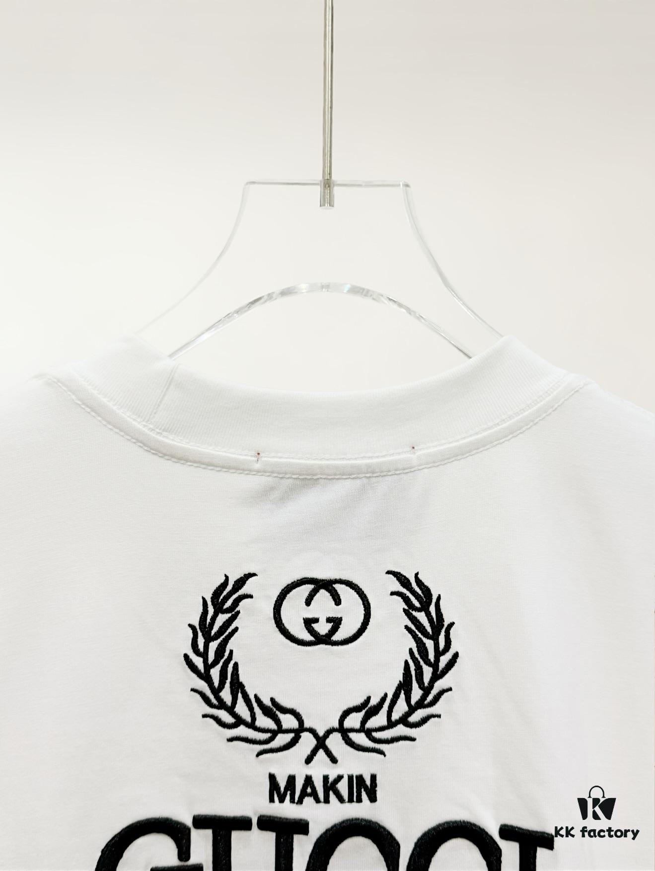High-End Gucci Round Neck Short Sleeve T-Shirt with Front and Back Embroidered Logo, Premium 280g Double-Yarn Combed Cotton, Pre-Shrunk Washed Fabric, Unisex Fit, Official Website Detailing, Three Labels Complete