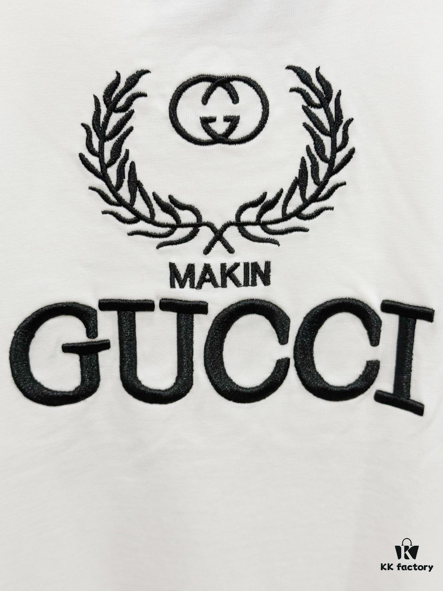 High-End Gucci Round Neck Short Sleeve T-Shirt with Front and Back Embroidered Logo, Premium 280g Double-Yarn Combed Cotton, Pre-Shrunk Washed Fabric, Unisex Fit, Official Website Detailing, Three Labels Complete
