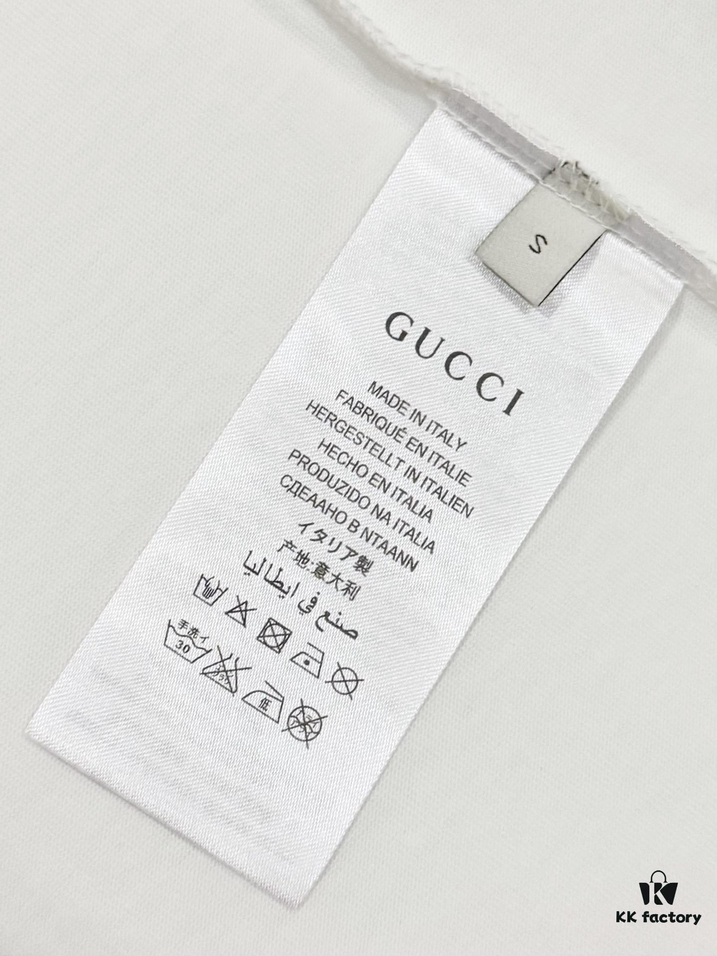 High-End Gucci Round Neck Short Sleeve T-Shirt with Front and Back Embroidered Logo, Premium 280g Double-Yarn Combed Cotton, Pre-Shrunk Washed Fabric, Unisex Fit, Official Website Detailing, Three Labels Complete